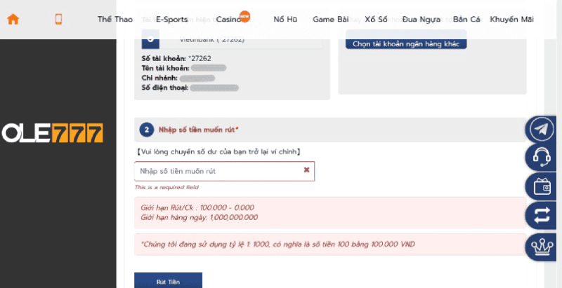 Những lưu ý khi thực hiện lệnh rút tiền ole777